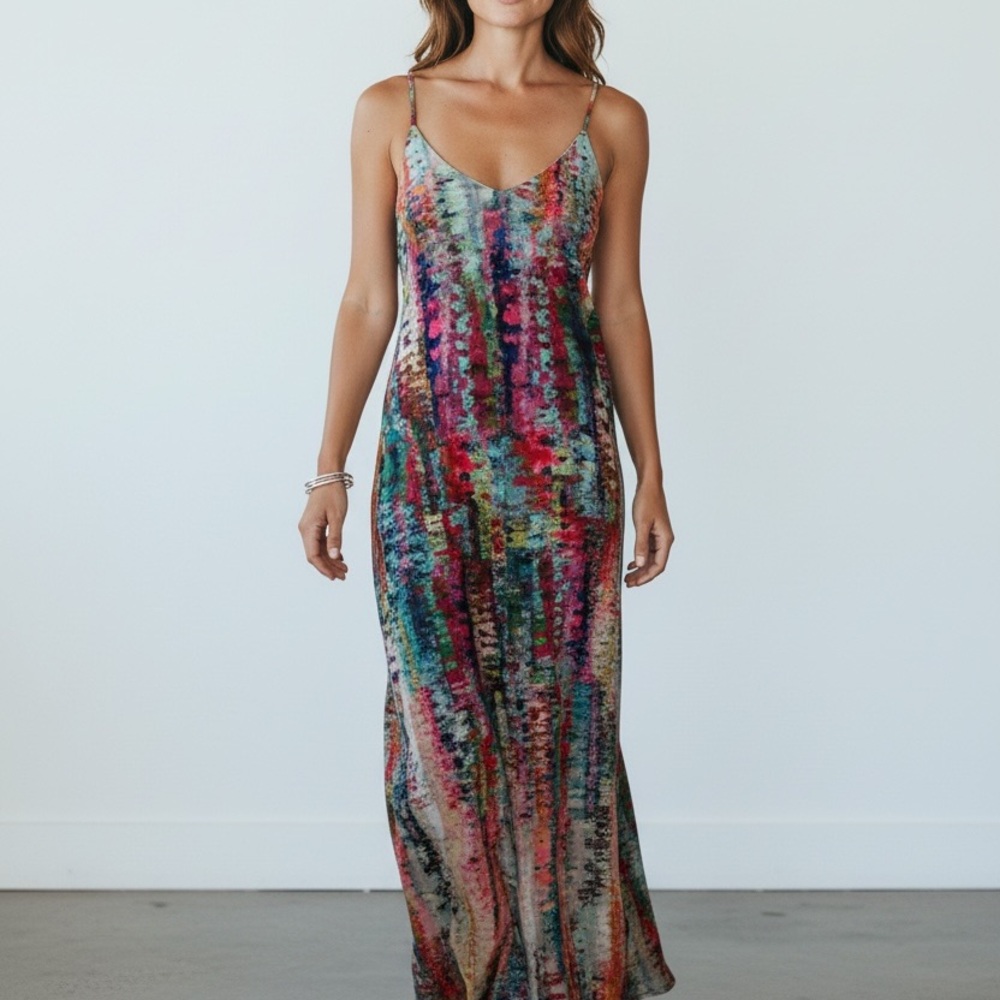 Nicole Miller NWT Multicolor Silky Poleyster Maxi Slip Dress with Pockets